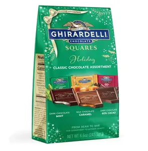 GHIRARDELLI Holiday Classic Chocolate Assortment SQUARES – Limited Edition Milk & Dark Chocolate Candy with Caramel and Mint Flavors, Individually Wrapped, 8.6 oz Bag