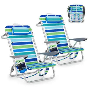 Portable Backpack Beach Chair 2 Pack | Lightweight Folding Camping Chairs for Adults, Lay Flat Design with 5 Reclining Positions, Backpack Straps, Cup Holder, Phone Pocket & Towel Bar, Support 300LBS