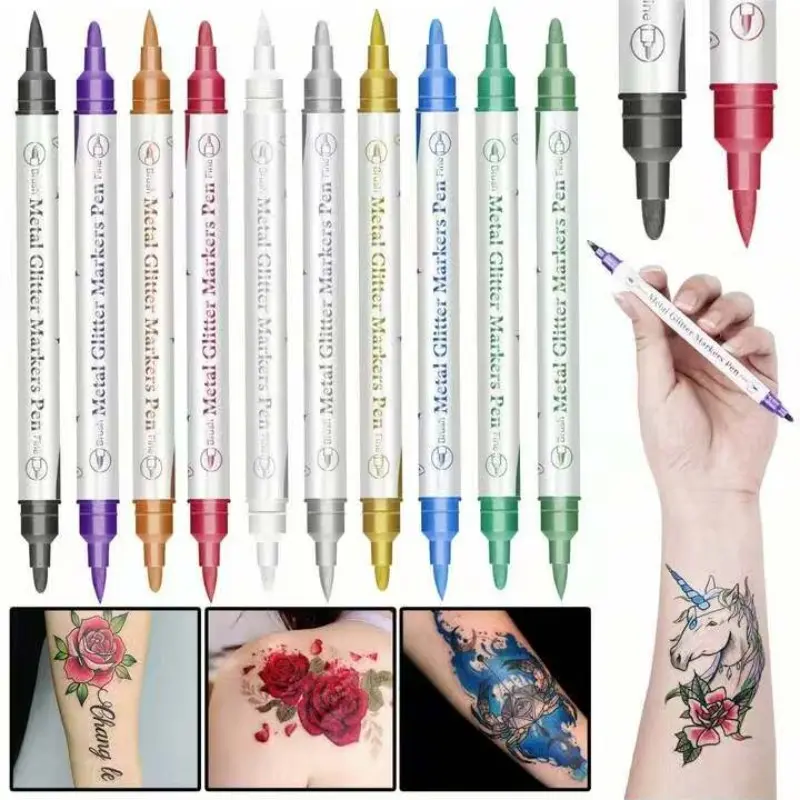 Temporary Dual-Head Tattoo Pen Drawing Pen, 10 Colors, Washable Skin Art Marker, Body Paint Marking Pen, Tattoo Stencil Pen, Body Makeup