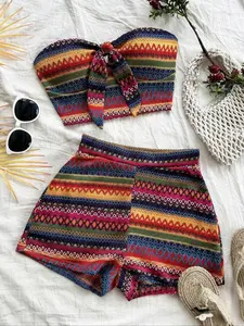 Women's Striped Pattern Crop Tube Top & High Waist Shorts Set, Casual Bohemian Boho Fashion Cozy Two Piece Set for Daily Outdoor Wear, Ladies Clothes for All Seasons Womenswear