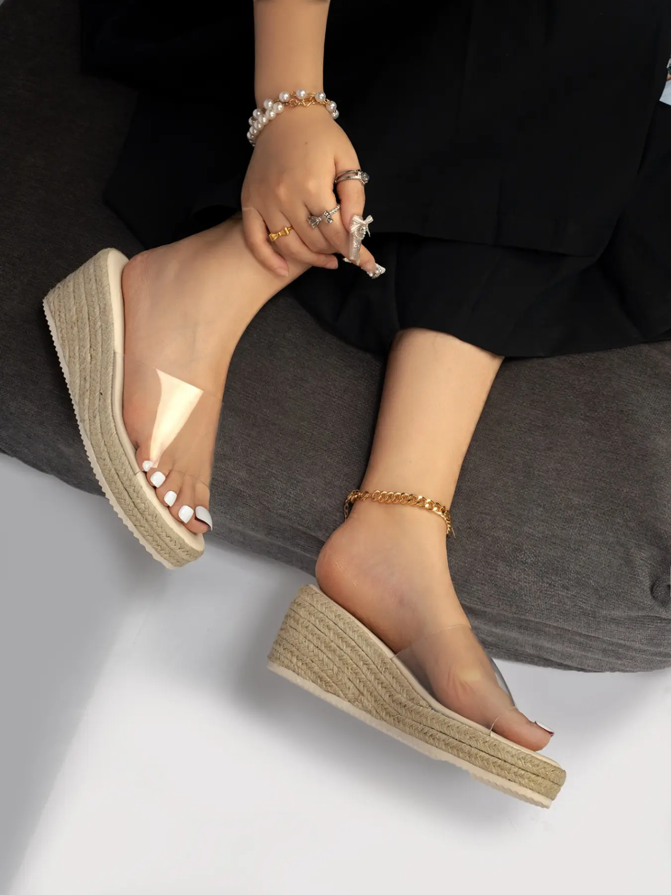 Women's Transparent Slip-On Wedge Sandals, Bohemian Higher Platform Sandals, Boho Style Summer Holiday Party Beach Home Casual Comfortable Footwear, Thick Sole Rope Weave Design, Backless Slipper Sandals