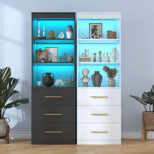 71“H Tall Bookshelf with LED Light, Bookcase and Bookshelf with Drawers, Tall Bookcase Storage Cabinet 3-Tier Open Shelves for Home Office Living Room Bedroom