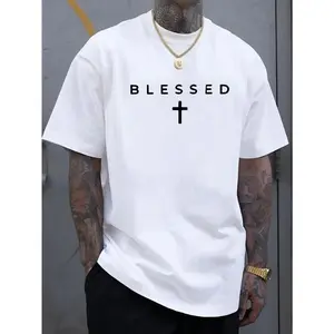 Summer men's casual round-neck short-sleeve T-shirt with BLESSED cross print, stylish black top, lightweight, comfortable, versatile for everyday and weekend wear