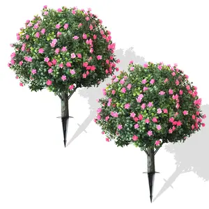 Artificial Boxwood Topiary Ball with Pink Flower, Set of 2 Artificial Shrub Bushes with Ground Spike, Fake Evergreen Tree for Porch, Artificial Plants for Outdoor Planters Indoor UV Resistant Garden Decorations Decorative