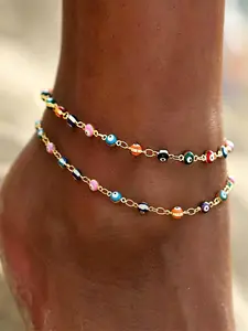 Lucky Evil Eye Beads Anklet Bracelet 2Pcs Stainless Steel  Chain Handmade Adjustable Protection Amulet Anklet Good Luck Summer Beach Holiday Foot Jewelry Gift