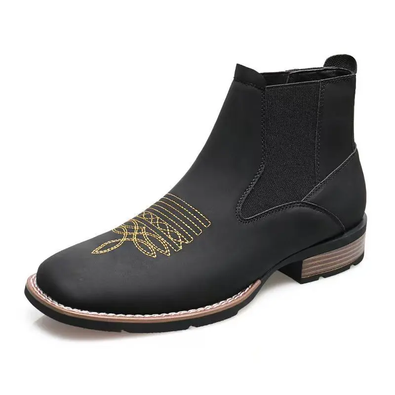 Men's British Hand-Embroidered Square-Toe Mid-Tube Closed Chelsea Boots - Special Print Slip-On Walking Shoes for Autumn Winter Hiking - Stylish Casual Sports Outdoor Footwear, Design, Pc, Male, Printed Print