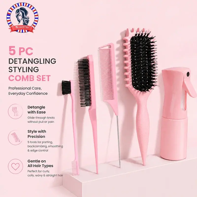 WANMEI 5 Pc Detangling Styling Comb Set Curl Candy Bursh Curved Rat Tail Comb Edge Control Brush Professional Hairdressing Tools