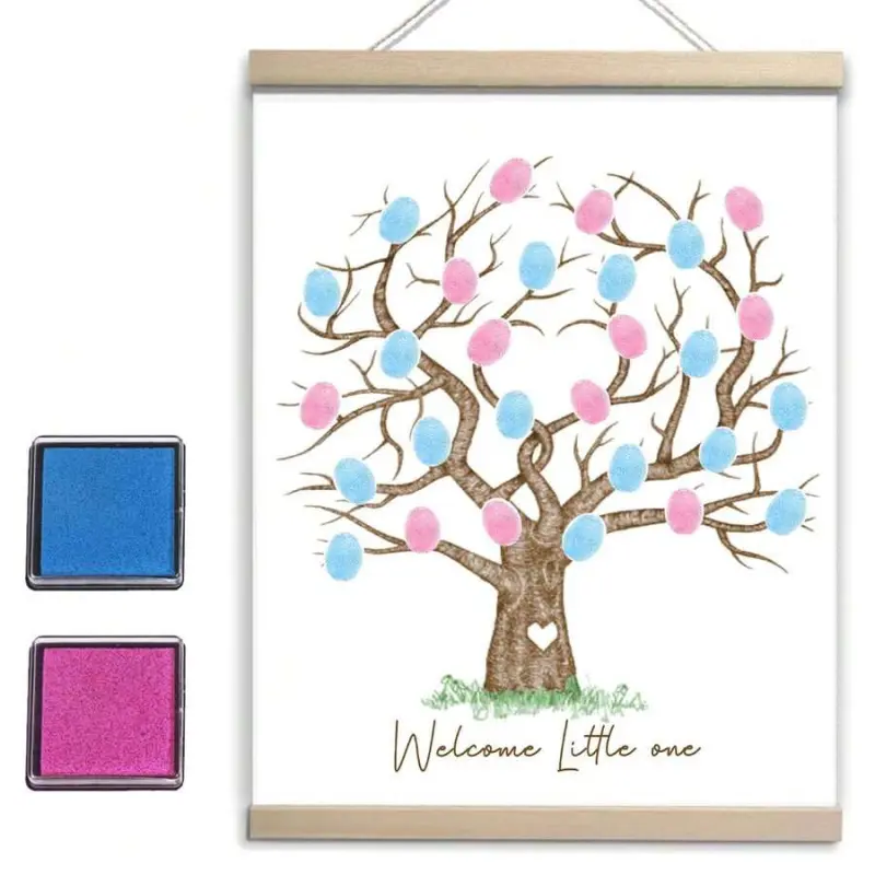 12x15 in Wooden Fingerprint Tree Canvas Guest Book - Hangable Thumbprint Wall Hanging, Multicolor Party Decor for Baby Shower, Creative Gift for Mom & Dad (Home Supplies Photo Frame Alternative)