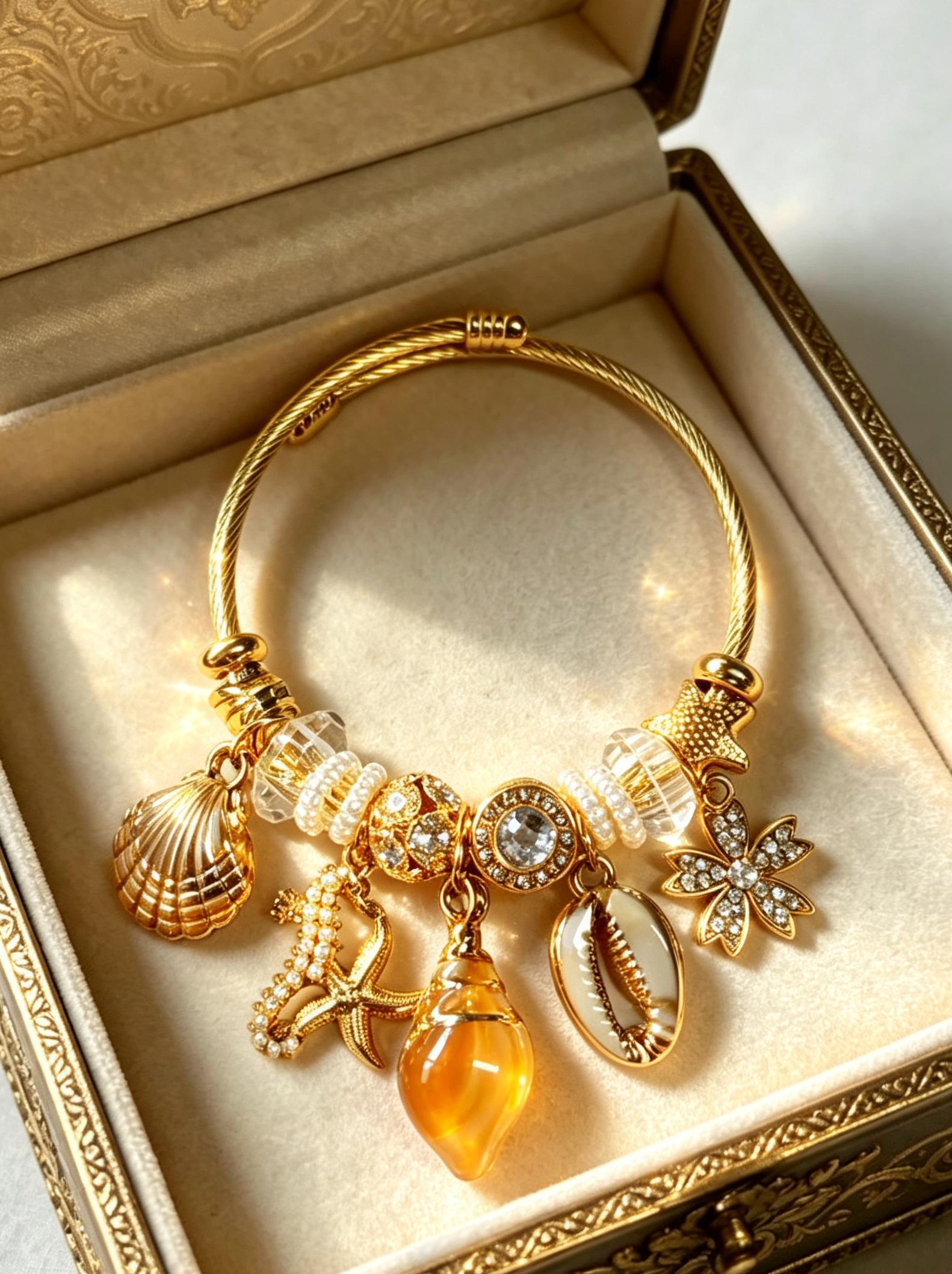 Ocean Beach Gold Cable Charm Bangle Bracelet for Women, Summer Seashell Starfish Conch Crystal Pearl Charms Open Cuff Bracelet, Bohemian Vacation Beach Jewelry Gift for Her Ocean Beach Gold Cable Charm Bangle Bracelet for Women, Summer Seashell Starfish Conch Crystal Pearl Charms Open Cuff Bracelet, Bohemian Vacation Beach Jewelry Gift for Her