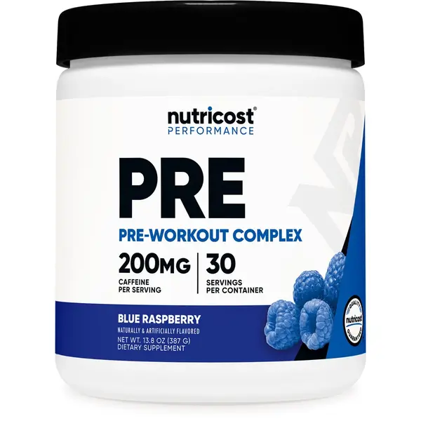 Nutricost Organic Pre-Workout Complex Powder Dietary Supplement Bottle - Blue Raspberry, 30 Servings, Lactose-Free, Contains Mannitol, Sucralose, Sodium Citrate, N-Acetyl L-Tyrosine, NSF Certified GMP Compliant, for Adult Athletic Fitness Energy Boost, Ad