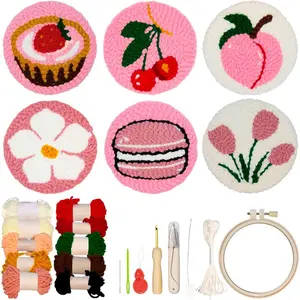 Needle Kit for Beginners Adults Kids, 6 Pattern Embroidery Needle Kits, Easy Needle Embroidery DIY Kit Set Tufted Rug Decoration with Patterns,, Yarns, Hoop, Instruction