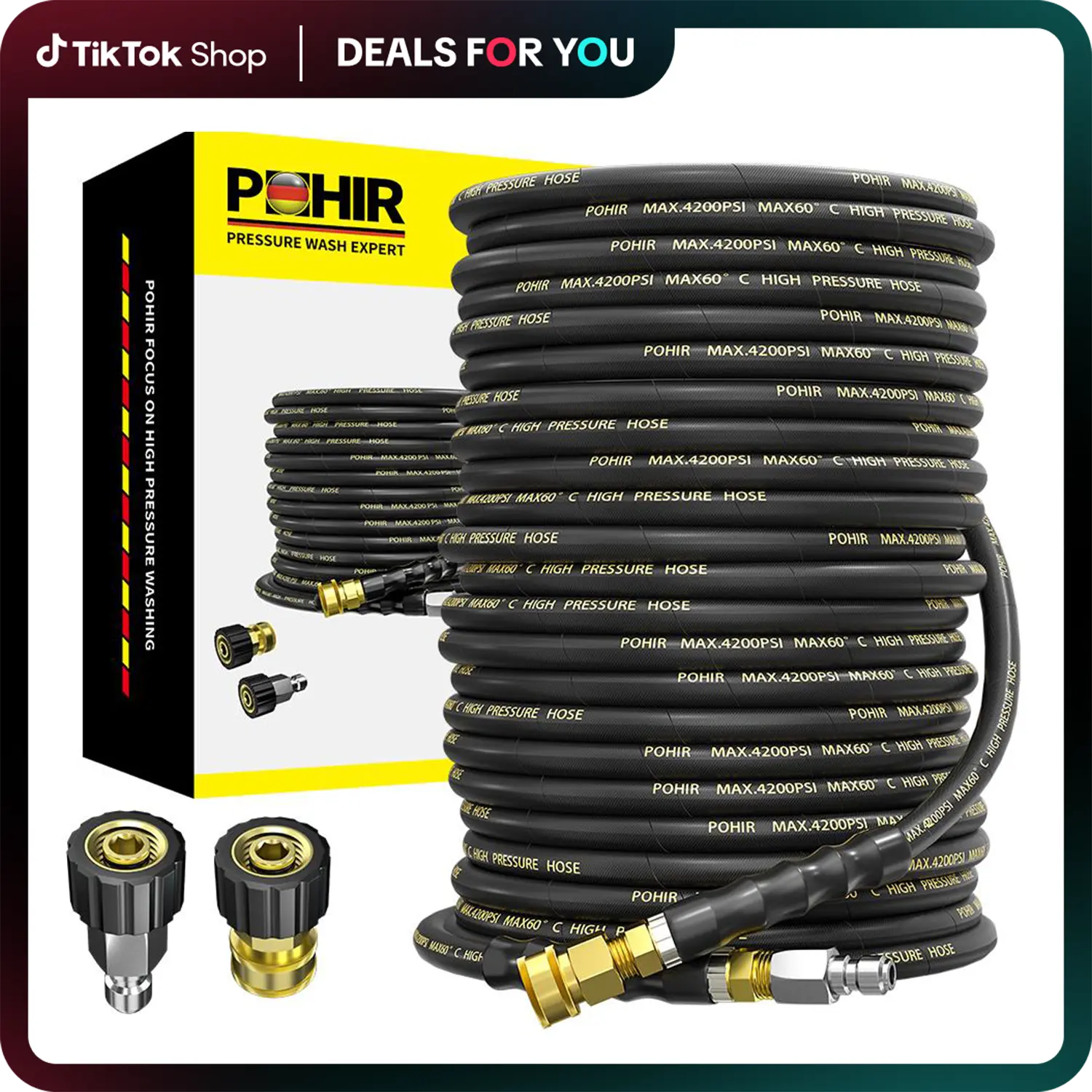 POHIR High-Pressure Power Washer Water Hose - 1/4" Steel Wire Braided, 3/8" Quick Connect, 4200 PSI, Kink Resistant, Flexible, with 2 M22 14mm Adapters, Water Hose Quick Connect, Power Washer Hoses