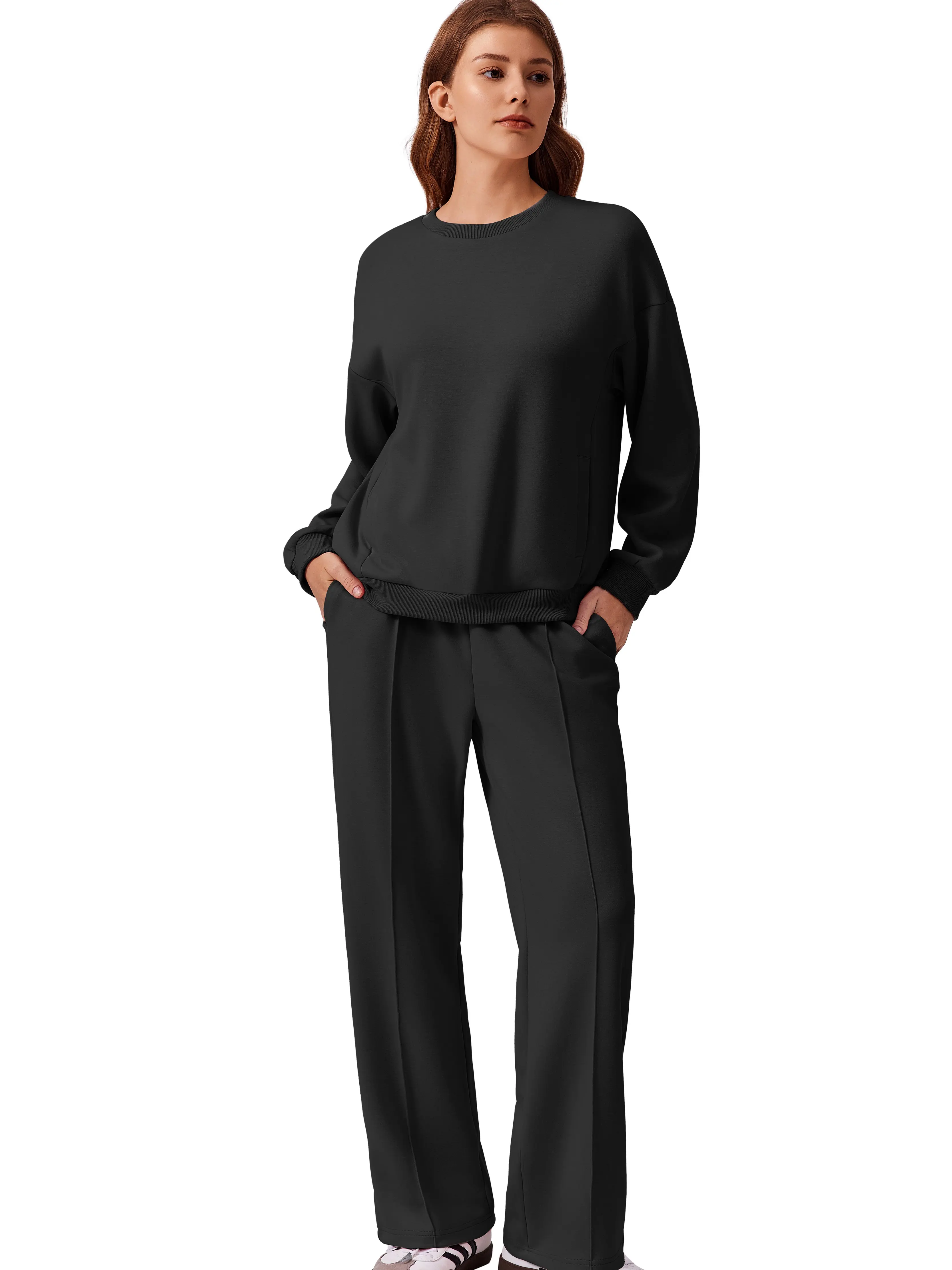 PINSPARK Women's 2-Piece Casual Spandex Fabric Outfit - Long Sleeve Pullover Sweatshirt, Adjustable Drawstring Straight Leg Pants for Home, Travel 2025 Springtok Airport Wear