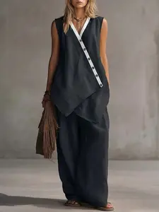 2026 Spring Summer Boho V-Neck Irregular Button Vest, Wide Leg Pants Casual Set, Stylish for Women, Trendy Fashion Ensemble