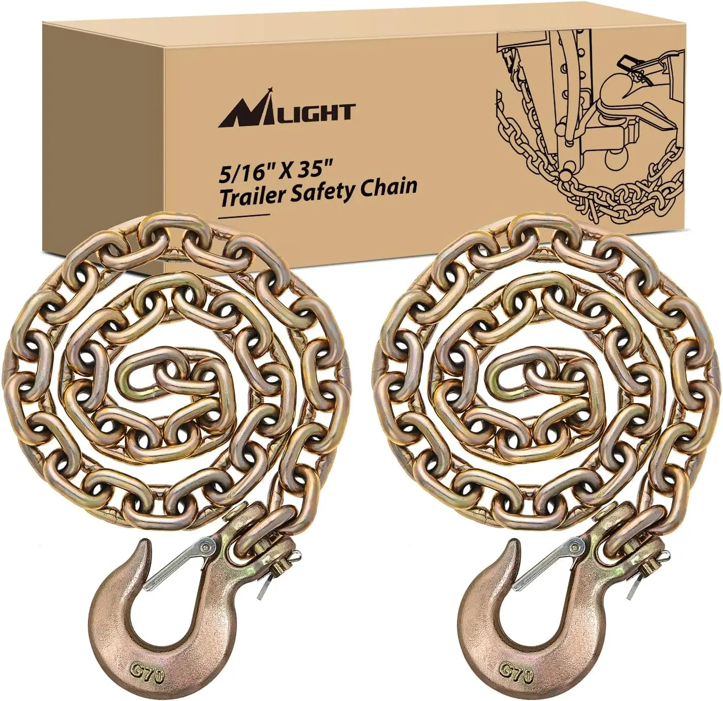 Nilight 2pcs 5/16"-35" Grade 70 Trailer Safety Towing Chain, Alloy Steel with Clevis Snap Hooks & Grab Hook, 18800lbs Break Strength, Critical Coating Vehicle Accessory for Boats, Car Use