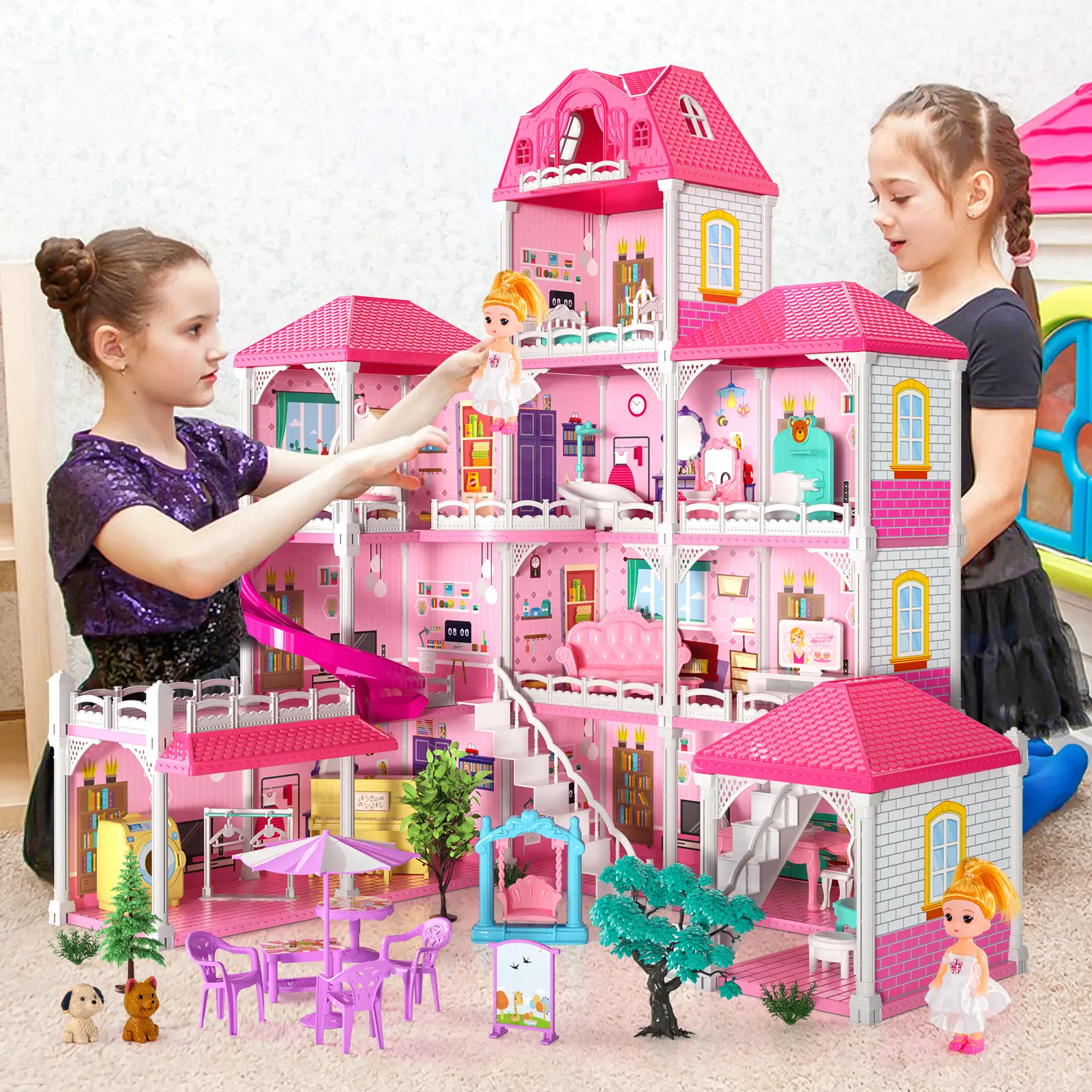 DIY pink mansion  for little girls, featuring LED lights—a dream toy house with a slide, complete set of doll furniture, five functional spaces including bedroom, kitchen, music room, attic, and living room, educational pretend play building bloc