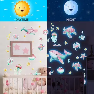 A set of three (20*30cm*3pcs) new dreamy whale marine life blue luminous Glow In Dark stickers for bathroom, toilet, and bedroom decoration background blue light wall stickers (YCL7554-NL)