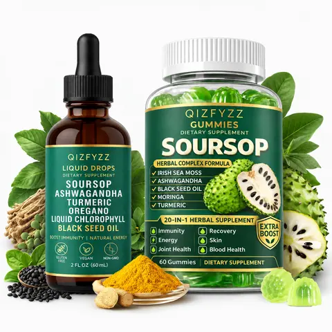 Natural Soursop Dual-Effect Chewable Dietary Supplement Stack - 8500mg per Serving Easy-Swallow Gummies + High-Potency Herbal Liquid Drops, 20-in-1 Vitamins for Joint Health, Energy, Immune Boost, Prop 65 Safe