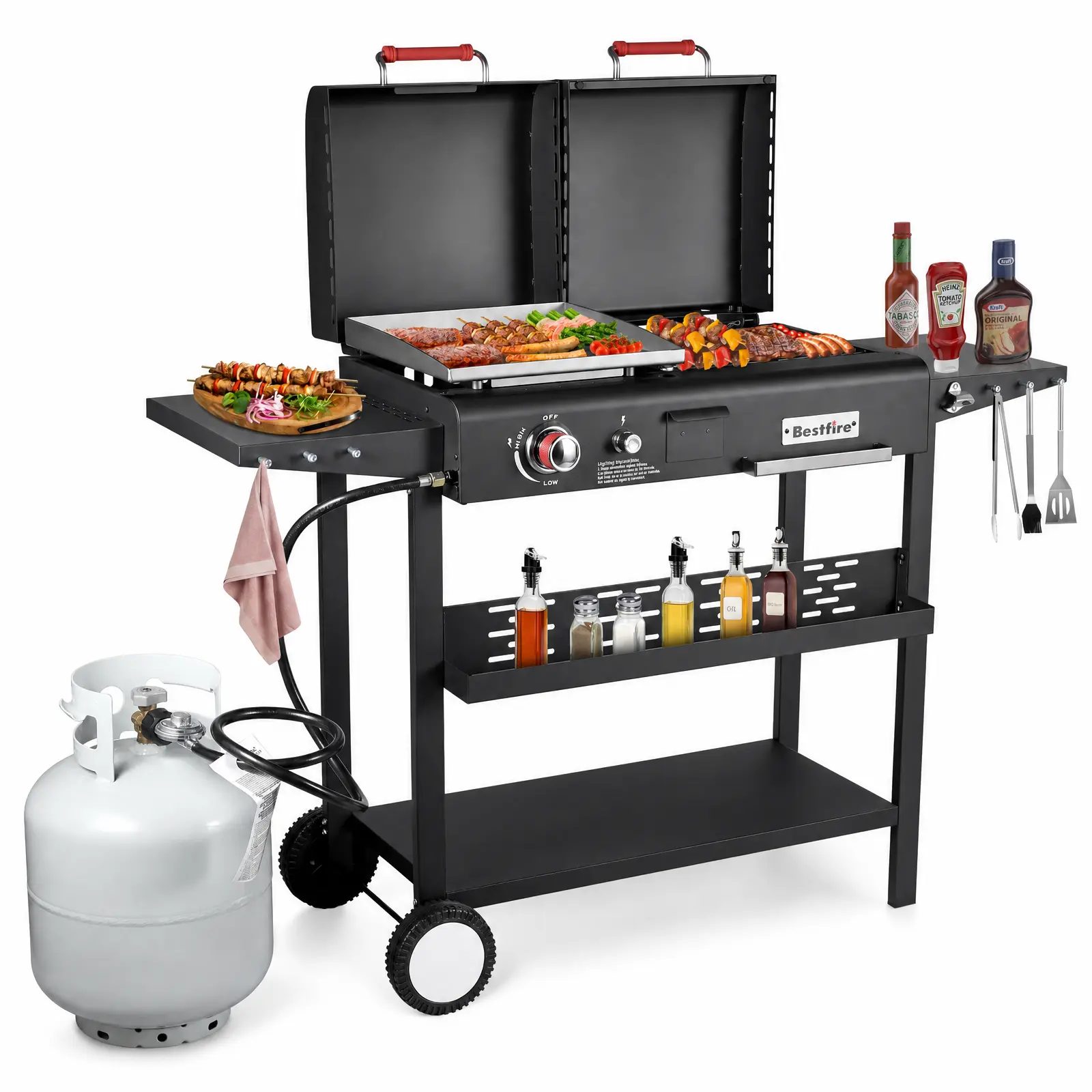 Bestfire Portable Dual-Fuel Propane & Charcoal Combo Grill - Sturdy, Compact 327 Sq In Stainless Steel BBQ with Cast Iron Griddle Top, 2 Side Shelves, Handles, Lock, Prep & Plate Space, Cooks 20 Burgers At Once for Outdoor Camping, Tailgating