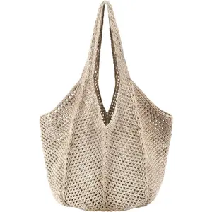 Crochet Mesh Beach Tote Bag for Women - Retro Hobo Knitted Shoulder Bag, Woven Handmade Summer Purse with Long Adjustable Strap, Boho Chic Large Capacity Tote