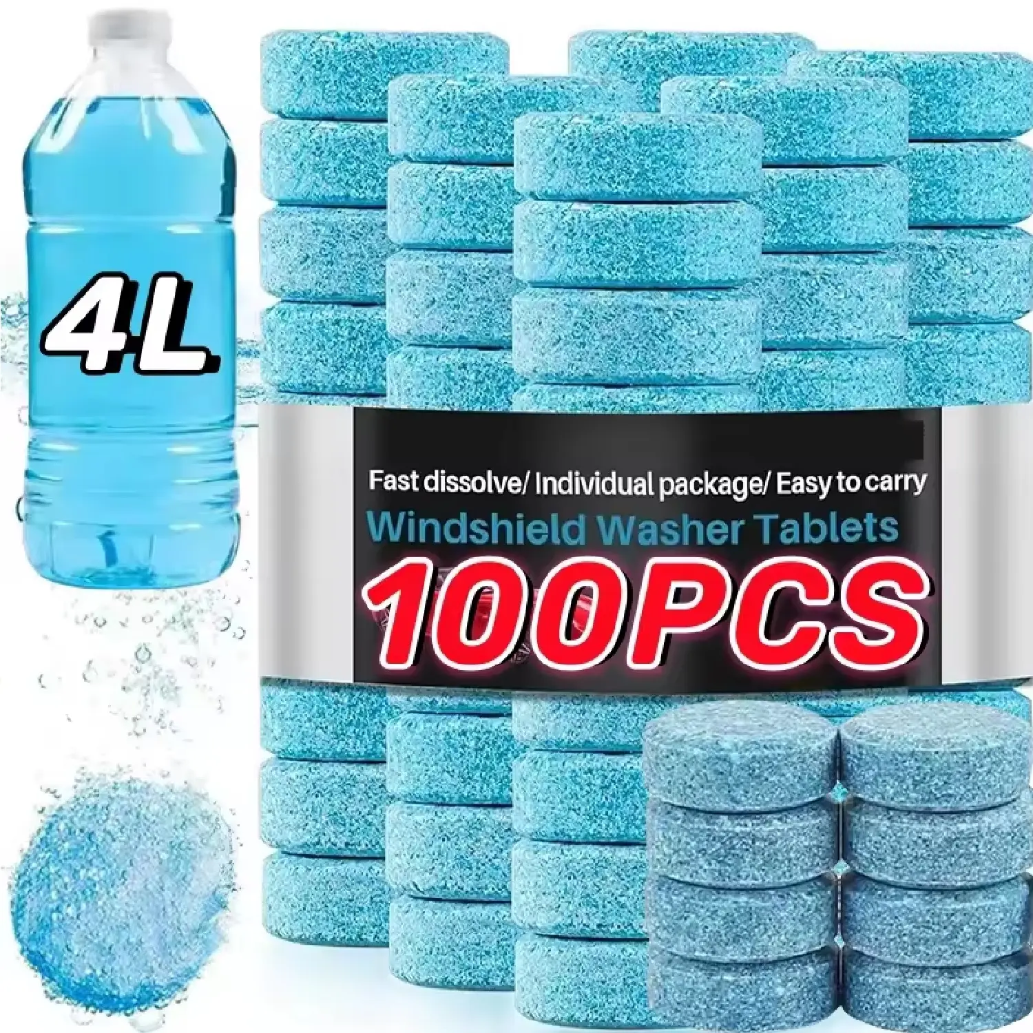 All-Season Windshield Washer Effervescent Tablet (Solid Concentrate) Shellac-Free Formula