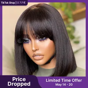 Put On And Go Reddish Purple Layered Cut Yaki Straight Minimalist Lace Bob Wig With Bangs 100% Human Hair