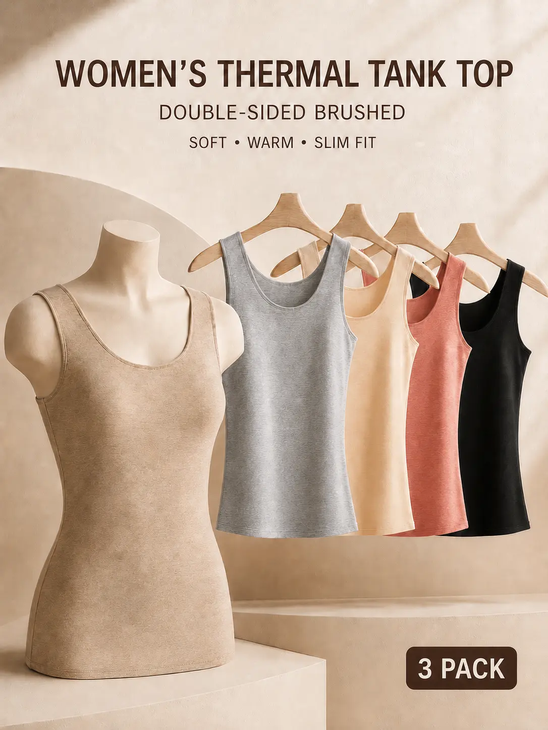 【3 Pack】Women's Thermal Tank Tops, Double-Sided Brushed Sleeveless Base Layer Shirts, Soft Stretch Scoop Neck Slim Fit Undershirts for Winter Layering, Lightweight Warm Camisoles with Wide Straps for Daily Wear, Work, Travel and Lounging, Free Shipping