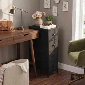 4-Drawer Narrow Slim Fabric Dresser with Wooden Top, Vertical Storage Tower with Sturdy Frame & Adjustable Shelves, Faux Leather Skinny Cabinet for Small Spaces Bedroom, Bathroom