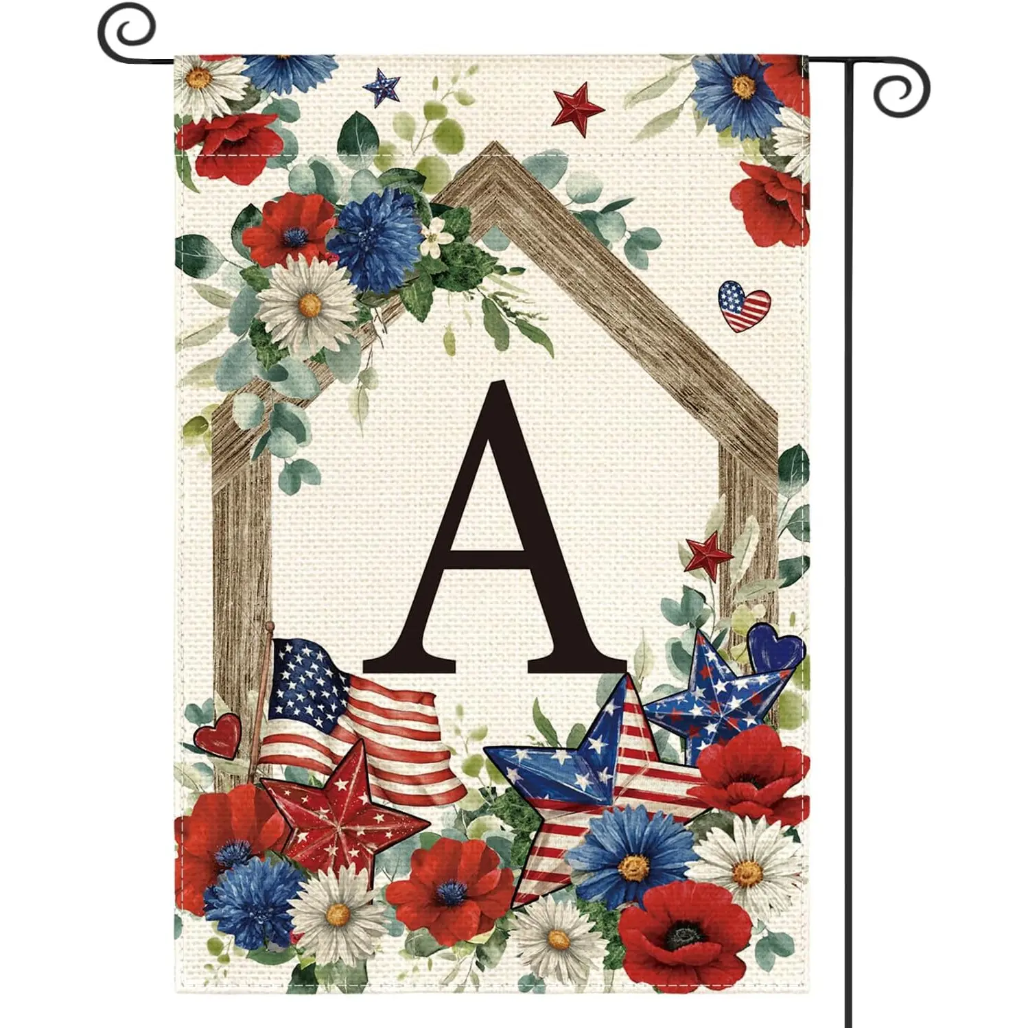 A Patriotic Garden Flag Featuring an Initial Letter A Monogram 12X18 Inches, Double-Sided for Outdoor Use, Perfect for Memorial Day And The 4Th of July, Designed As a Floral Family Name Yard Decoration, Linen Material, No Flagpole