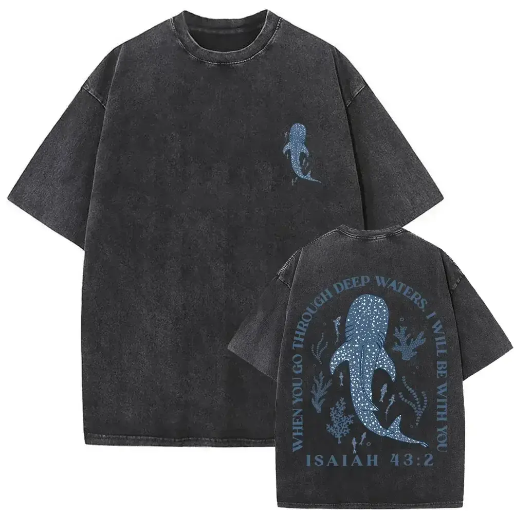 Vintage Isaiah 43:2 Whale Shark Front Back Double Print Christian T-Shirt, Washed Black Oversized Cotton Crewneck Tee, Ocean Coral Sea Life Inspirational Bible Verse Faith Beach Streetwear Gift Top,clothes for back to school,first day of school outfits