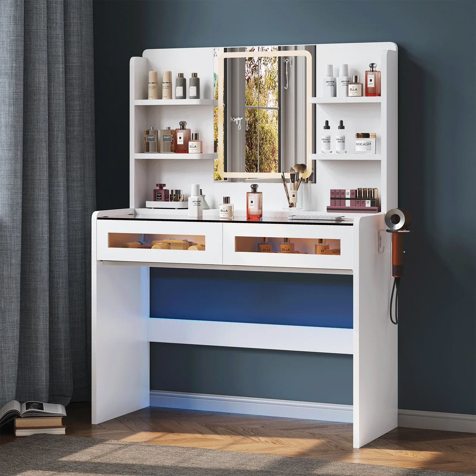 APP RGB LED Makeup Vanity Table with 3 Tone Mirror Lights, Lighted Transparent Drawers, Multi Storage Shelves and Built-in Charging Outlet