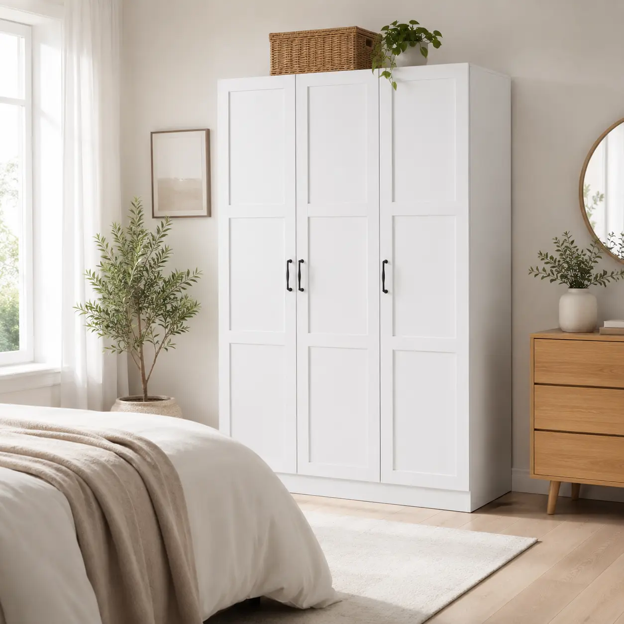 Floor-Standing 3-Door White & Black Wardrobe with Large Storage, Bedroom Clothes Armoire with Hanging Rod & Adjustable Shelves, Space-Saving Indoor Cupboard for Small Rooms