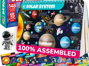 QUOKKA Toddler Planet Themed Flash Cards Busy Book - 15 Educational Activity Pages, 148 Self-Grip Stickers, Interactive Educational Toy for Ages 3-5