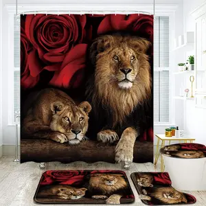 4PCS Red Rose and Lion Shower Curtain Bathroom Set with Rugs, Toilet Lid Cover and Bath Mat, Red Shower Curtain with 12 Hooks, Complete Bathroom Accessories Decor Set
