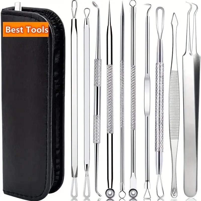 Professional 10-Piece Acne and Pimple Extracting Set - Stainless Steel Tools for Deep Cleansing and Skin Care, Acne Blackhead Tools, Facial Tool Set, Blackhead Removal Tools