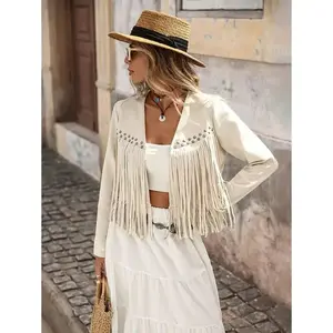 Women's Solid Color Fringe Trim Open Front Jacket In Fall/Winter(Sheets)