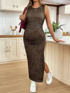 ELARA Sleeveless V-Neck Split Hem Leopard Print Bodycon Maternity Dress