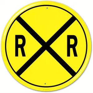Vintage - Style Railroad Crossing Sign - RR X-ing Round Metal Wall Decor, Yellow & Black Retro Design, No Power Needed, Easy Hang for Home, Bar, Cafe, or Garage, Metal Outdoor Decor