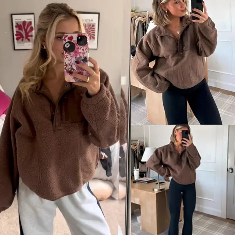 Naeduo Women’s Lightweight FallFreshness Fleece Pullover  Cropped Fall Winter Fuzzy Sherpa  Sweatshirt Coat with Pockets jacket Soft Tops Beige Casual Womenswear Basic