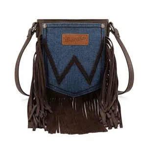 Wrangler Leather  Western Wing  Fringe Jean Denim Pocket Crossbody Purse for Women