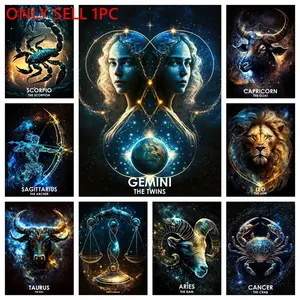 1PC Deep Space Golden Zodiac Diamond Painting Kit. 12 Constellation Artworks with Glowing Golden Lines & Starry Night Backdrop. Mystic Cosmic Wall Decor, Great Gift for Horoscope Lovers, Easy DIY Craft with Full Supplies