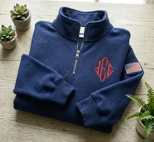 Embroidered Initials Monogram Left Chest Logo Quarter Zip Up Sweatshirt with USA Flag on Sleeve Unisex Pullover Minimalist Gift for Mom Dad