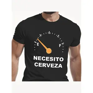 Men's Funny Spanish Beer T-Shirt - "NECESITO CERVEZA" (I Need Beer) Fuel Gauge & Spanish Slogan Print, Cotton Casual Short Sleeve Shirt