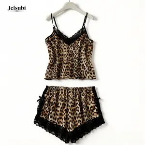 Jelsubi Plus Size Leopard Print 2-Piece Lingerie Set, Off-Shoulder Cami & Shorts Soft Curvy Holiday Loungewear Up to 5XL