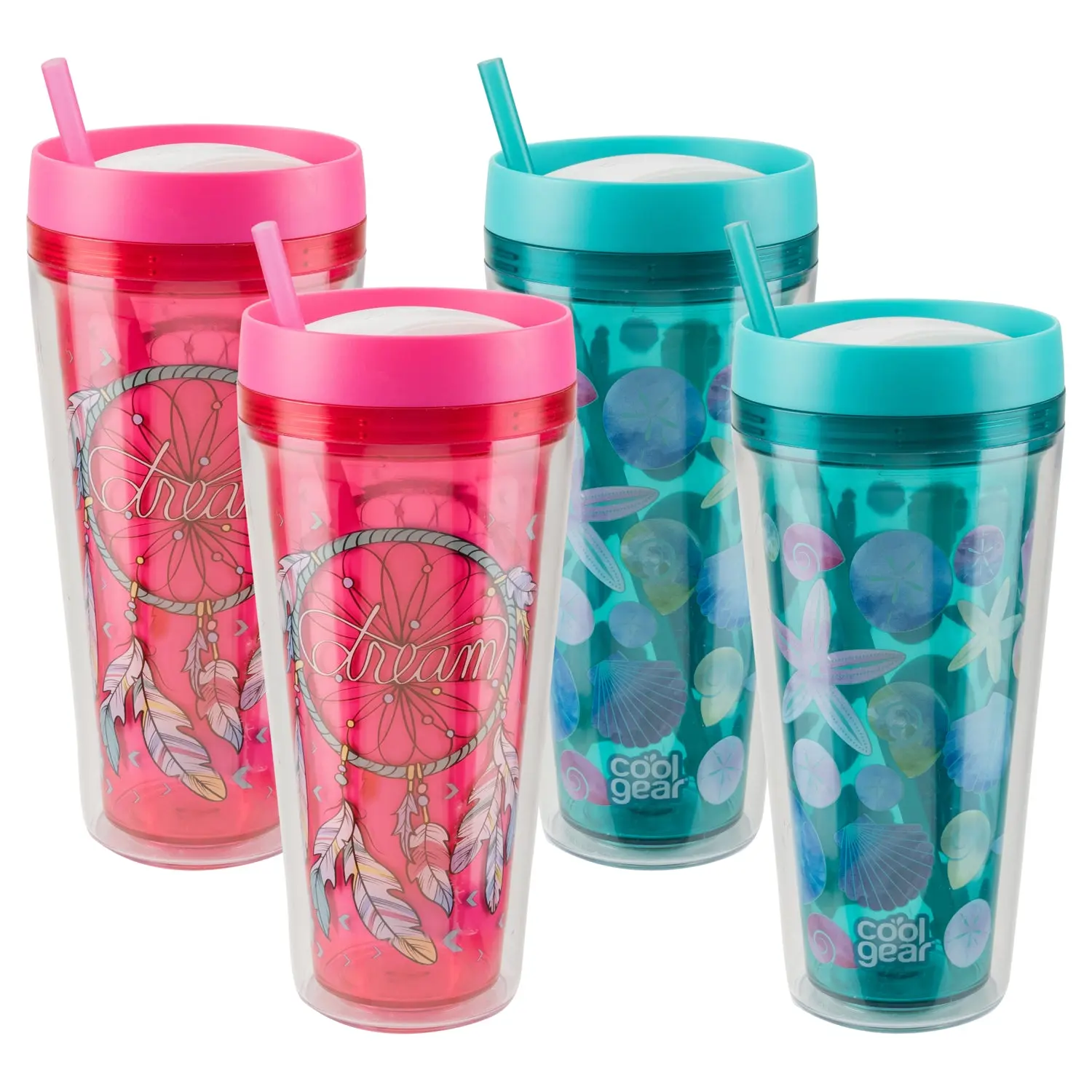 COOL GEAR 4-Pack 24 oz Callisto Printed Plastic Chiller Cup with Straw - Reusable Hydration Water Bottle, Dual-Function Lid Closure, Portable