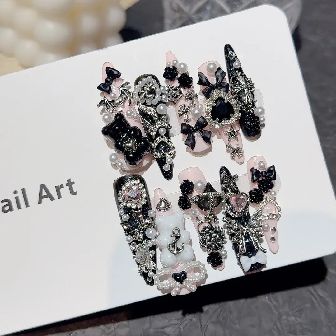 Handmade Black Gothic Press on Nails, 3D Bowknot and Rhinestone Luxury False Nails, Long Coffin Reusable Fake Nails, 10pcs with Tool Kit