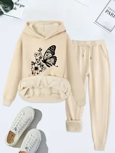 Women's Two-Piece Set, Butterfly & Flower Print Hoodie & Pants, Fleece-Lined Thick Casual, Fall Winter Wear, Floral