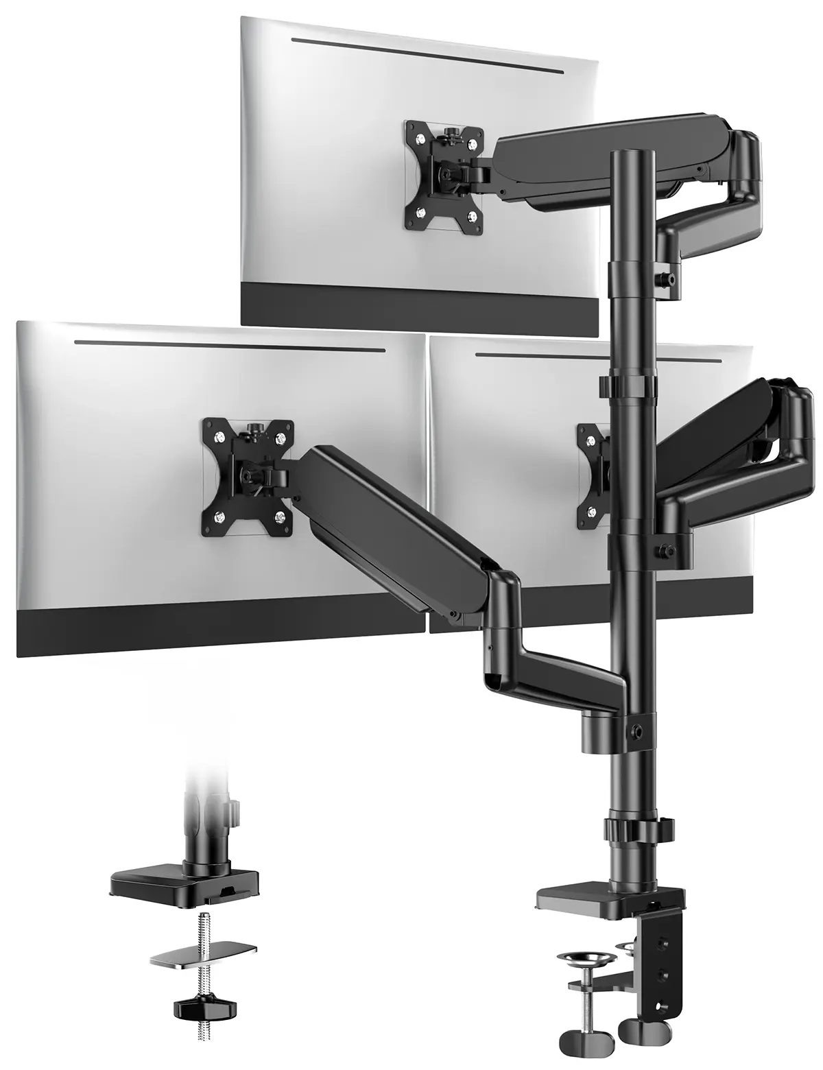 FORGINGMOUNT FM4577-B Heavy Duty Steel Triple Monitor Stand - 13-32 in Articulated Riser for Adults with Dual Pneumatics, Gas Springs, Tilt/Swivel, Height Adjustments, 100mm VESA Compatibility, Stable Easy-Install Wall-Mounted for Home Office, Steel/Alumi