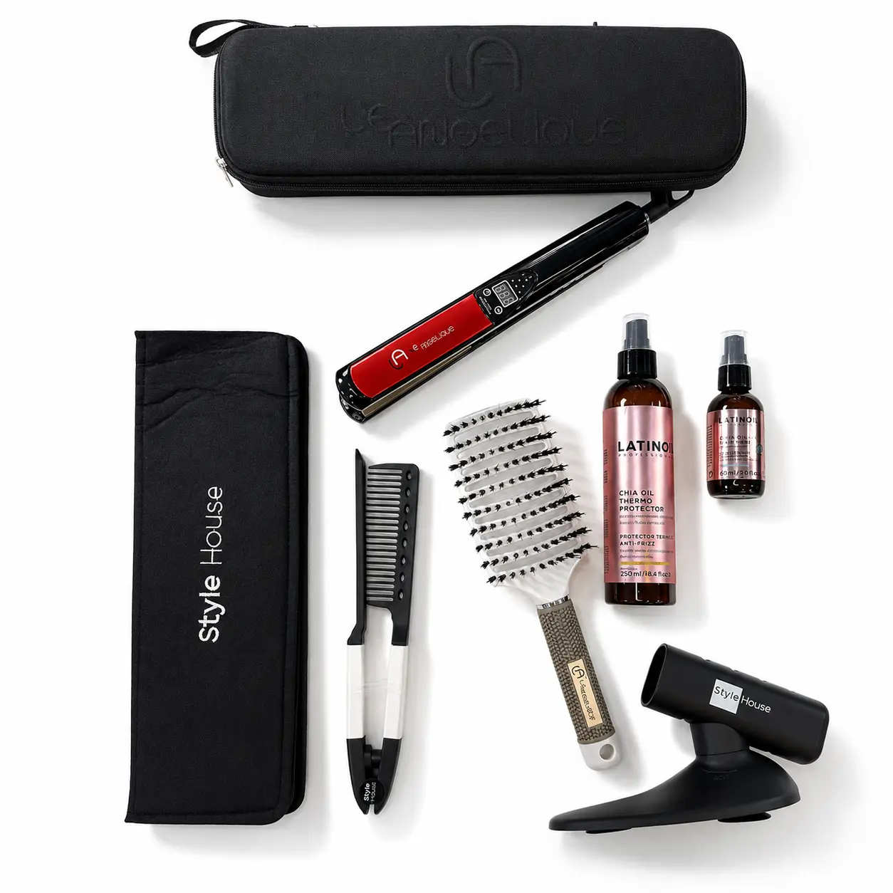 Glass Hair Styling Set for Smooth, Salon-Perfect Hair - Includes 1" Titanium Flat Iron, Chia Treatment, Vent Brush & Pouch, Beauty Products, Kit