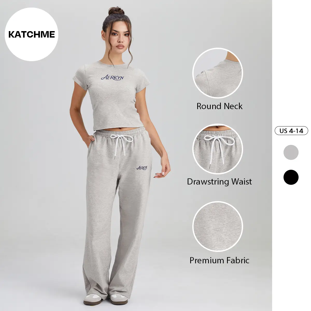 Katch Me Women's Sporty Letter Print Short Sleeve Crop Top & Drawstring Waist Wide Leg Trousers Tracksuit, Comfort Round Neck Co-ord Set, Workout Two Piece Outfits